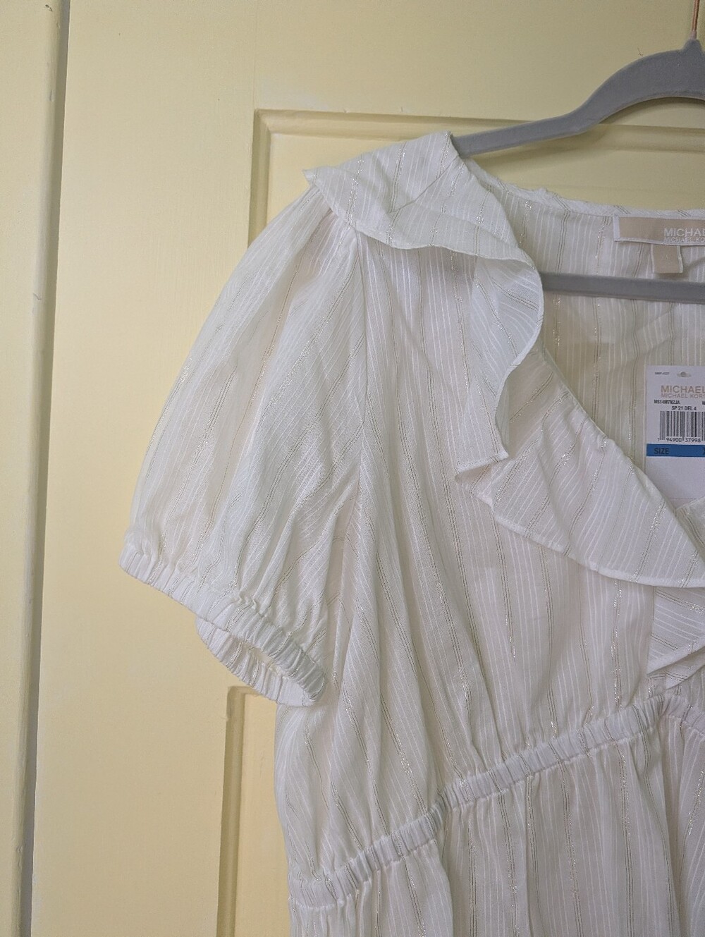 Michael Michael Kors White Metallic Stripe Ruffle Peplum Top NWT XL - Picture 4 of 10